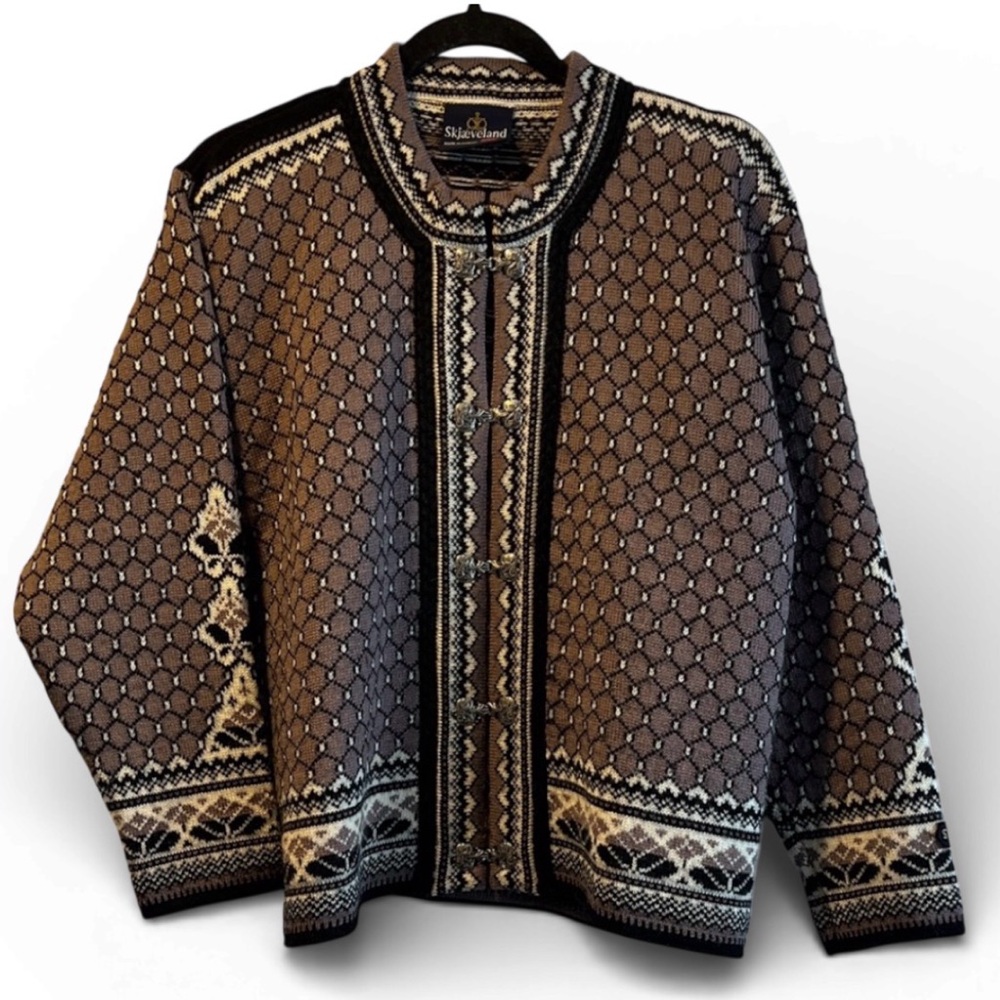 Skjaeveland Norwegian Telemark Style Pure New Wool Knit Cardigan PinkBrown M EUC - Picture 1 of 8